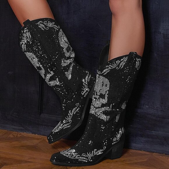 Women Blake Rhinestone Cowboy Boots Pointed Toe Mid Calf Sparkly Block Heel - Picture 4 of 5